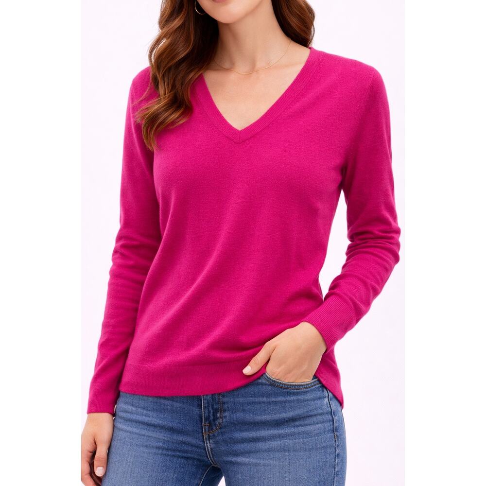 MERINO COLLECTION Hot Pink Fuchsia V Neck Sweater Extra Fine Merino Wool | XS